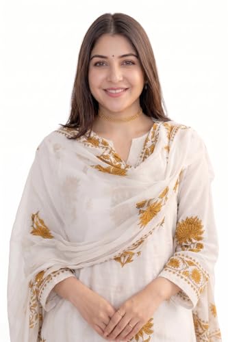 Image of Nermosa Women's Hand Block Floral Printed Straight Kurta Set with Palazzo Pants & Dupatta Ethnic Kurta Set for Casual Outings Day Events Summer Wear Festive