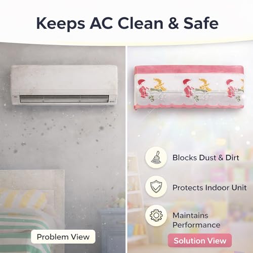 Image of Cotton Net Split AC Cover Indoor Unit for 1.5 Ton Capacity AC, Premium Work Indoor AC Dust Protection Cover Designer Summer Ac Cover for 1.5 Ton Ac (38 X 15.35 X 7.8 inch, Pink Kids)