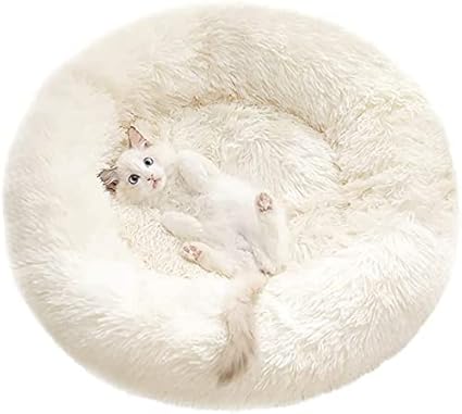HAITRAL Fluffy Cat Bed- Small Calming Dog Bed, Puppy Beds for Small Dogs Washable with Circle Donut Shape for Dogs Cats Rabbit- 23.62 x 23.62 x 1.18 inches,Beige