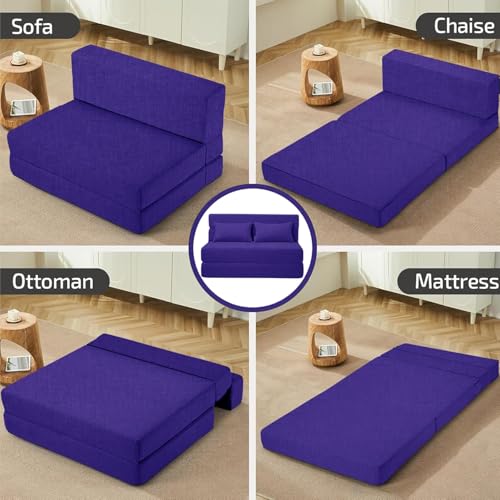 Image of Los Angeles Foldable One Seater Sofa Cum Bed, Sofa Bed 3 X 6 Feet, Jute Fabric- Washable Cover- Including One Cushion Perfect for Home & Office, Guest Room -Purple Color