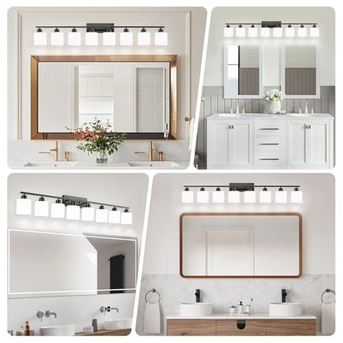 Image of 8 Light Black Bathroom Light Fixtures Over Mirror for Big Mirror, Modern Bathroom Lighting with Milky White Frosted Glass Shades,51 inch Lights for Vanity for Mirrors, E26