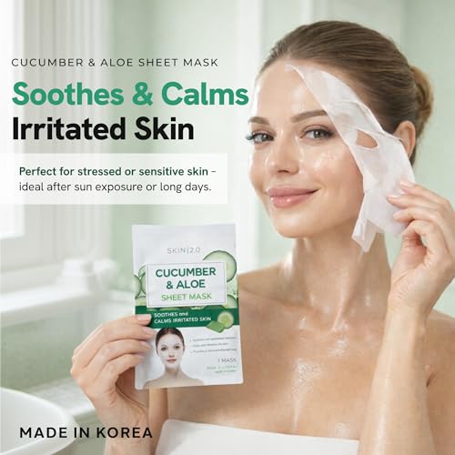 Image of Skin 2.0 Cucumber & Aloe Face Mask - Dermatologist Tested, Anti Aging, Korean Skin Care - Hydrating, Moisturizing, Cooling & Calming For Sensitive, Supple Skin - Vegan, Clean Beauty - 5 Count