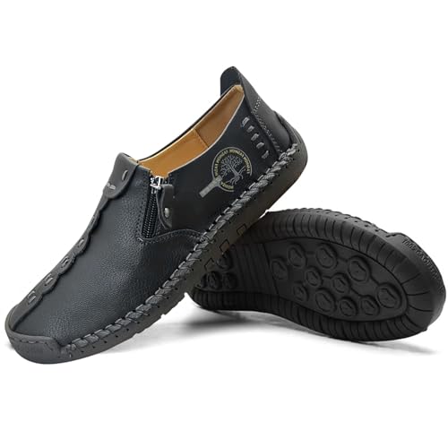 Men's Vintage Breathable Leather Loafers – Flat Slip-On Driving Shoes with Zipper, Casual Comfort （Size 7-13.5）