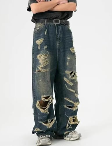 Y2k Men Baggy Ripped Jeans Loose Fit Wide Leg Denim Pants Hip Hop Distressed Streetwear Jeans Trousers3