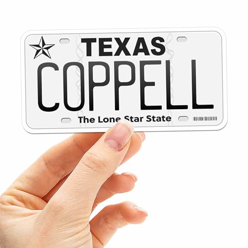 Texas License Plate Decal - Choose from 50+ TX Cities - Texas Bumper Sticker for Car - Houston Austin Dallas San Antonio Decals for Hydroflask Water Bottle (Coppell)