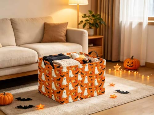 Image of Halloween Basket Cute Baskets for Kids Pumpkin Basket Rectangular Storage Bin Organizer Box Room Decor(Yellow Pumpkin Ghost)