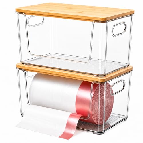 Siwoneni Trash Bag Holder 2 Pack, Stackable Garbage Bag Dispenser with Bamboo Lid, Extra Large Trashbag Dispenser for 13/30/33 Gallon Bags, Clear Organizer for Under Sink Kitchen Laundry Room