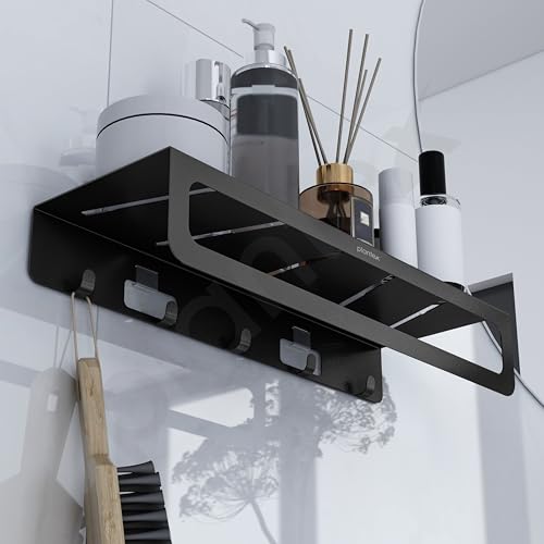 Image of Plantex Alloy Steel No Drill Bathroom Organiser /Self Adhesive Wall Mount Multipurpose Shelf /Rack /Towel Rod /Hooks for Bathroom - Pack of 1 (15 x 5 Inch, Black)