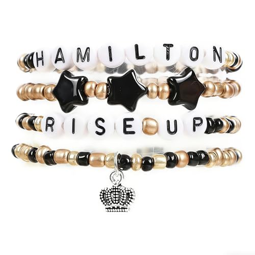 Fakcrkun 4 PCS Hamilton Musical Bracelet Set Elegant Hamilton Merch Gifts for Music Lovers Black Gold Wristband with Card Accessories for Concert Theater Fans