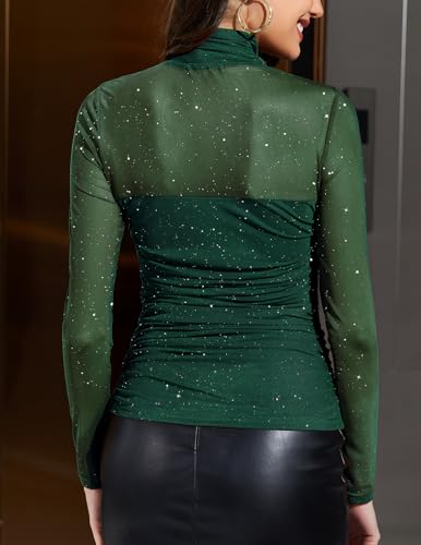 Bridesmay Sparkly Sequin Mesh Tops for Women Long Sleeve Sheer See Through Top Mock Neck4