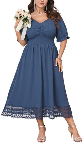 Plus Size Smocked Milkmaid Maxi Dress for Curvy Women Puff Sleeve...