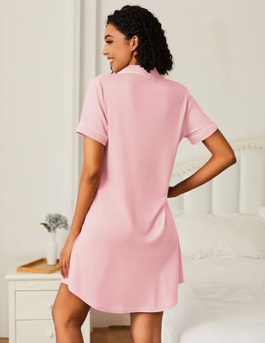 Image of Ekouaer Nightgowns for Women Bamboo Viscose Sleep Shirts Button Down Night Shirt Short Sleeve Boyfriend Pajama Dress