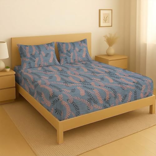 Image of la' amour Premium Cotton Elastic Fitted Bedsheets with 2 King Size Pillow Covers Double Bed with All Around Elastic Supersoft Size - 72 King Sizex78+10 inches Grey and Beige Abstract 200 tc - 220 tc