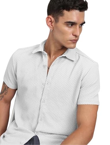 Image of Zombom Men's Poly Cotton Textured Short Sleeve Shirt | Slim Fit Casual Wear | Premium Stretch Fabric | Button Down Collar | Stylish Party Shirt for Men