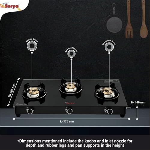 Image of GOLDEN SURYA Premium Toughened Glass Top Manual Ignition, 18 Months Warranty, BIS Certified, Gas Cooktop 3 Burner Gas Stove (CXJ-32 Flame Guard)