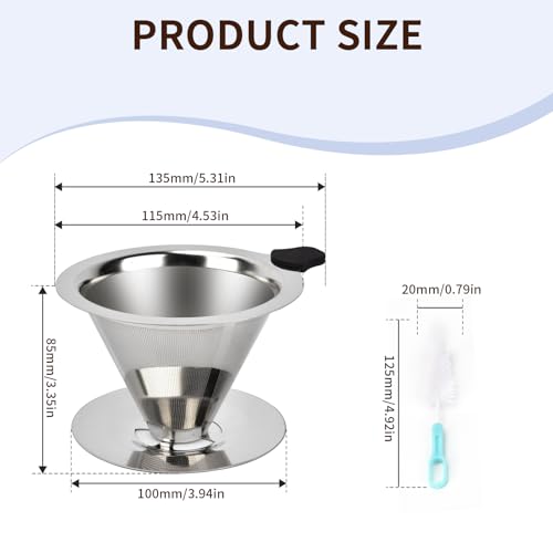 Image of Stainless Steel Pour Over Coffee Dripper, Reusable Fine Mesh Filter for 1-2 Cups, Paperless Coffee Maker for Home, Travel, Camping