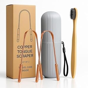 Copperholic 2-Pack Copper Tongue Scraper Set – Pure Copper Tongue Cleaner Kit with Bamboo Toothbrush with Charcoal Bristles & Travel Case – Daily Oral Hygiene Tool for Men & Women