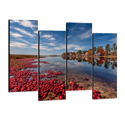 4 Pcs Canvas Wall Art Cranberries float bog Photo Prints Realism Stretched and Framed Artworks Modern Wall Decor for Living Room Bedroom Office