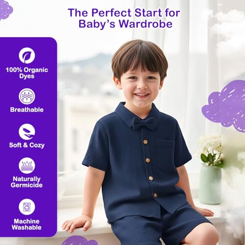 Image of Kidbea 100% Linen Shirt & Pant Co-ord Set for Kids | Elegant & Comfortable Summer Wear | Stylish Short-Sleeve Shirt with Bow & Comfy Shorts