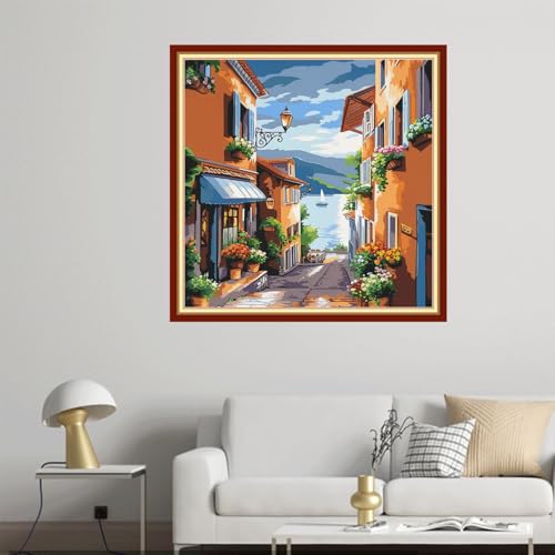 Image of Joyhoor Cross Stitch Kits for Beginners Stamped Cross-Stitch Supplies Needlework preprint Embroidery Kits for Adults DIY Needlepoint Kit Embroidery Patterns 11CT-Seaside Street Scenery 18x18 inch