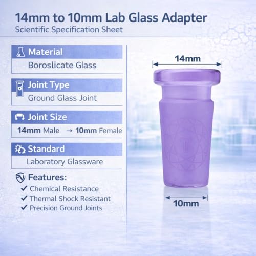 Image of Terporium Borosilicate Glass Reduction Adapter (Single) | Laboratory Glassware Connector | 14mm Male to 10mm Female Scientific Glass Adapter Lab Glassware | Lime Purple