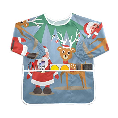 クリスマスかわいい鹿幼児用キッズスモック子供用防水エプロンアートペインティングスモックよだれかけ3ポケット付き