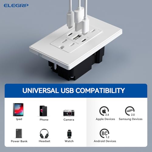 Image of ELEGRP USB Outlets, 30W 6.0 Amp USB C Outlets Receptacles, 3-Port USB Wall Outlet, 15 Amp Tamper-Resistant Outlet with 2 USB C Ports, UL Listed, Screwless Wall Plate Included, 10 Pack, Matte White