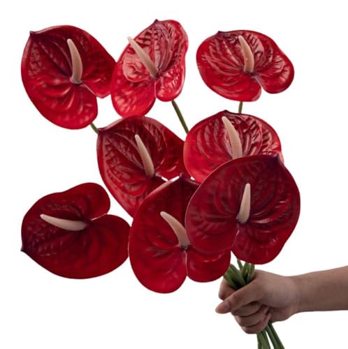 Corkwaw Lot de 8 fleurs d'anthurium artificielles au toucher réaliste pour centre de table, décoration de festival de mariage, arrangement floral (rouge)