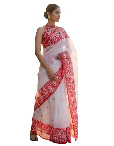 Image of SIRIL Women's Cotton Linen Printed, Zari Border One Minute Ready To Wear Saree With Unstitched Blouse Piece