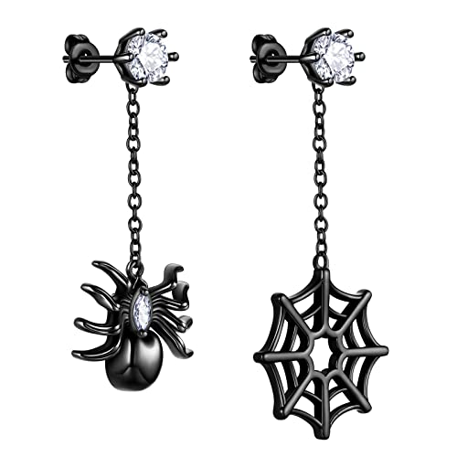 Beautlace Halloween Spider Stud Earrings Black Gun Plated Spider Web Tarantula Dangle Earring for Women and Men KE0097K
