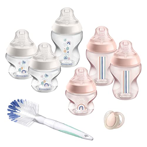 Tommee Tippee Biberon Kit Naissance Closer to Nature, Tétines Débit Lent - Imitant le Sein Maternel avec Valve Anti-Colique, Biberons 3 x 260ml – 3 x 150ml, 1 Sucette - 0-6m, 1 Goupillon, Rose