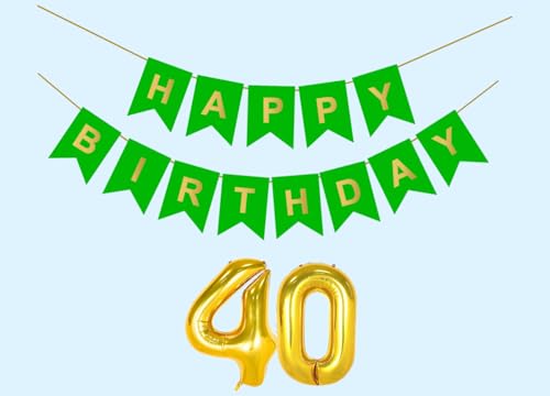 Image of 40th Happy Birthday Decoration Kit Green for 40 year Old Boys Girls Men Women with Number FortyParty Decorations Decor Celebration Items Item Set Combo Reusable Paper Banner
