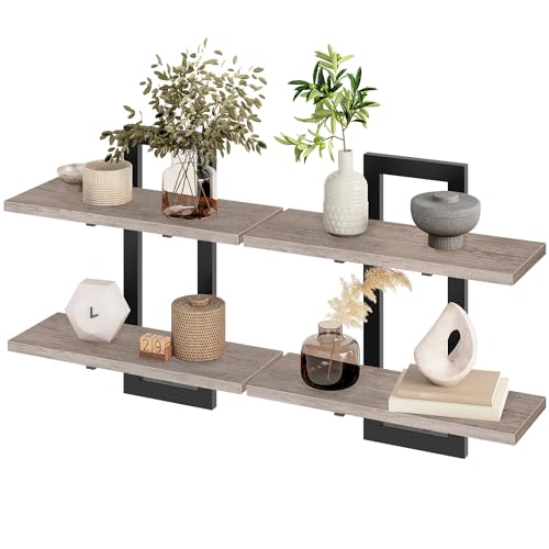 HOOBRO Schwebende Wandregale, 2-stufige Wandboard, Schweberegal 2er-Set, hängende Badezimmerregale, 38 cm Wandregale, für Wohnzimmer, Schlafzimmer, Küche, Greige EBG32BJ01
