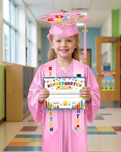 Preschool Graduation Cap and Gown Set, Pink Kindergarten Graduation Outfit with Sash and Diploma Certificate for Girls Kids, Pre K Toddler Cap and Gown for Party Class Home Celebrations — view 4