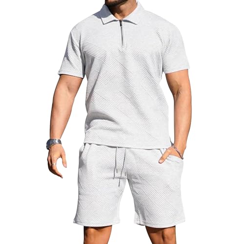 All White Outfits for Men Tracksuit Casual 2 Piece Polo Shirt and Drawstring Shorts Set Athletic Jogging