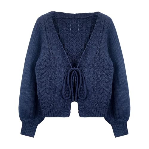 Women's Solid Long Sleeve Tie Front Sweater Cardigans, Casual Comfort V Neck Bishop Sleeve Crochet Knitwear Tops