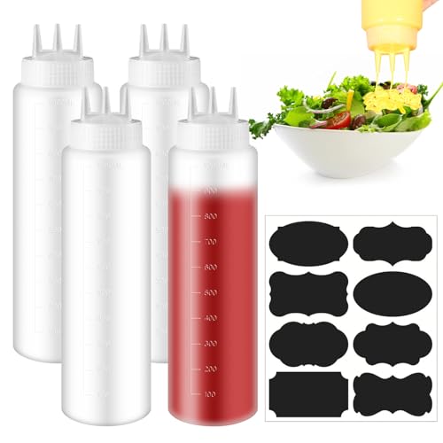 Wegreat Bottiglia a Squeez 3 Ugelli 4 Pezzi 1000ml Bottiglie per Salse con Etichetta e Penna Scrivente, Bottiglie a Squeez per Salse, Spezie, Ketchup, Sciroppo, BBQ, Salse, Senape, Insalata
