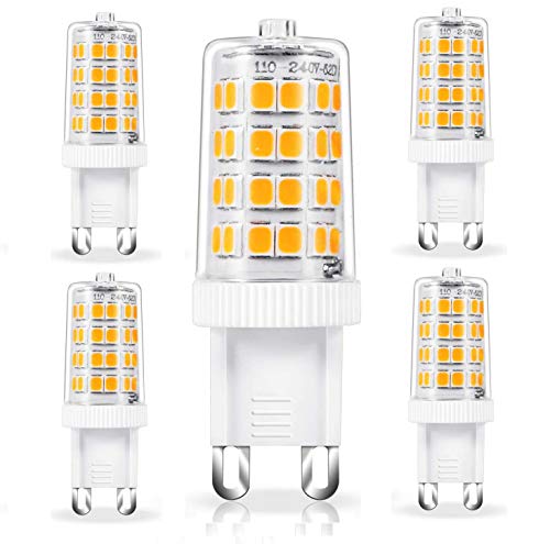 Chefic 5W G9 LED-lamp, pak van 5, 500 lumen/3000 K/AC110-240 V/52 LED/CRI 80 + warmwit G9 LED-lampen, 5 W G9 LED vervangt 50 W halogeenlampen, geen flikkeren, niet dimbaar