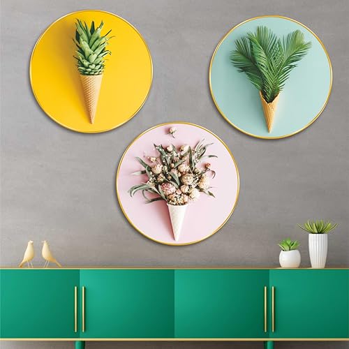 Image of SAF Livin'Luxe Premium Set Of 3 Round Botanical Ice Cream Cone Wall Art | Golden Frame MDF Wall Decor For Living Room, Kitchen, Cafe | Modern Floral & Fruit Theme Decorative Panels Painting 23 In