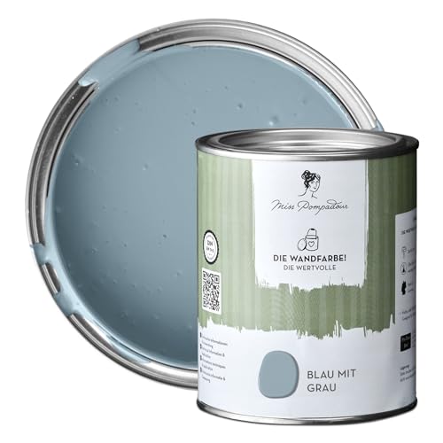 MissPompadour edelmatte Wandfarbe Blau mit Grau 1L - sehr hohe Deckkraft - geruchsneutrale, spritzfreie Farbe - atmungsaktive, wasserbasierte Innenfarbe/Deckenfarbe - Die Wertvolle