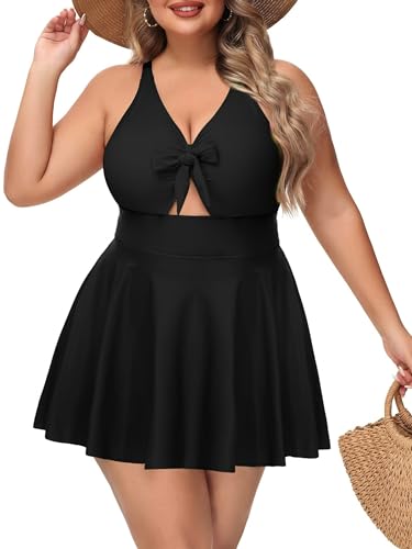 NIeyook Womens Plus Size One Piece Swimsuit with Skirt V Neck Cutout Flowy Swim Dress Tummy Control Bathing Suit