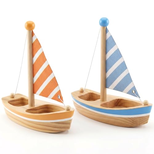 WOODENFUN Holz Segelboot Kinder Holzschiff Spielzeug Set 2pcs Boot für Kleinkinder Streifenboot wasserfest Kinderspielzeug Pool ab 1 Jahren