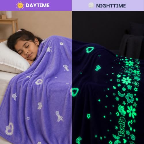 Image of Famyo GlowMaxx AC Blanket for Kids, Glow in the Dark Soft Flannel Blanket | 200x152 cm Double Bed Size | Lightweight Blanket for AC Rooms, Lab-Tested & Skin-Friendly, Lavender for Kids