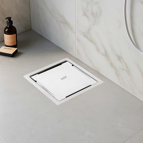 Image of Ruhe Diamond Square Flat Cut Floor Drain | 304-Grade Stainless Steel Floor Drain with Collar & Cockroach Trap (6 x 6 Inches) | Floor Drainer for Bathroom, Balcony
