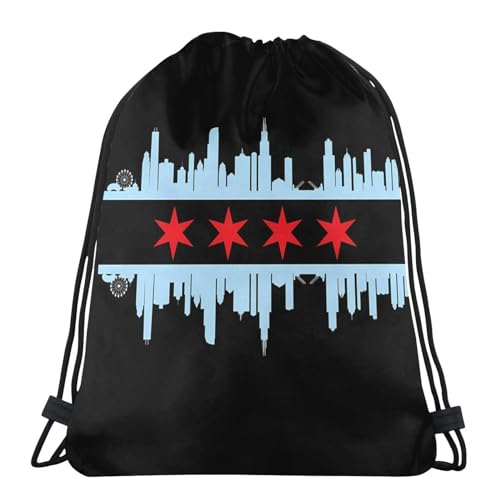 Chicago City Flag Skyline Drawstring Backpack Bag Large Gym Sackpack Yoga Packet, Painting