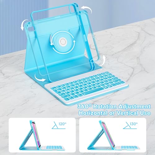 Image of YBING Keyboard Case for iPad 10th Gen 10.9 inch (2022) & 11th Gen (A16, 2025), 7-Color Backlit Detachable Keypad & Rotatable Magnetic Case with Pencil Holder (Blue)
