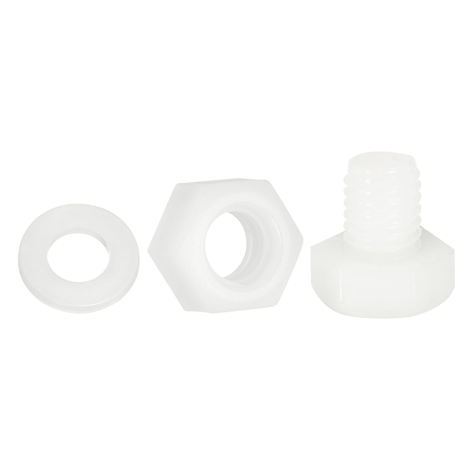 sourcing map 150 Pcs/50 Sets Nylon Hex Bolts, M8 x 10mm Plastic Full Threaded Hex Head Screws Bolts and Nuts with Flat Washers for Machinery Electronics Industrial Accessories, White