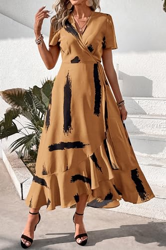 Image of PRETTYGARDEN Women's Summer Wrap Maxi Dress Casual Boho Floral V Neck Short Sleeve Ruffle Hem Split Beach Long Dresses