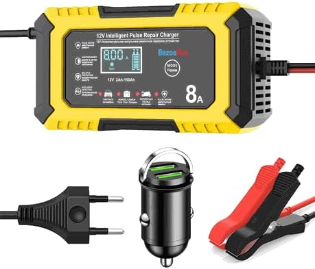 BezosMax 12V Smart Battery Charger with LED Display, Fully Automatic Trickle Charger & Maintainer, 4 Charging Modes Automotive Battery Desulfator with Pulse Repair for Car Motorcycle