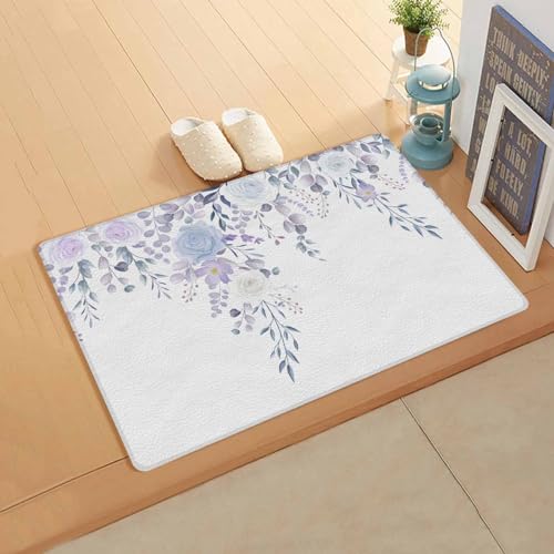 Purple Floral Kitchen Bath Door Mat Cushioned Runner Rug,Washable Welcome Floor Sink Antifatigue Mat,Waterproof & Non-Slip Comfort Standing Doormat,Spring Blossom Flowers Leaves Watercolor 18